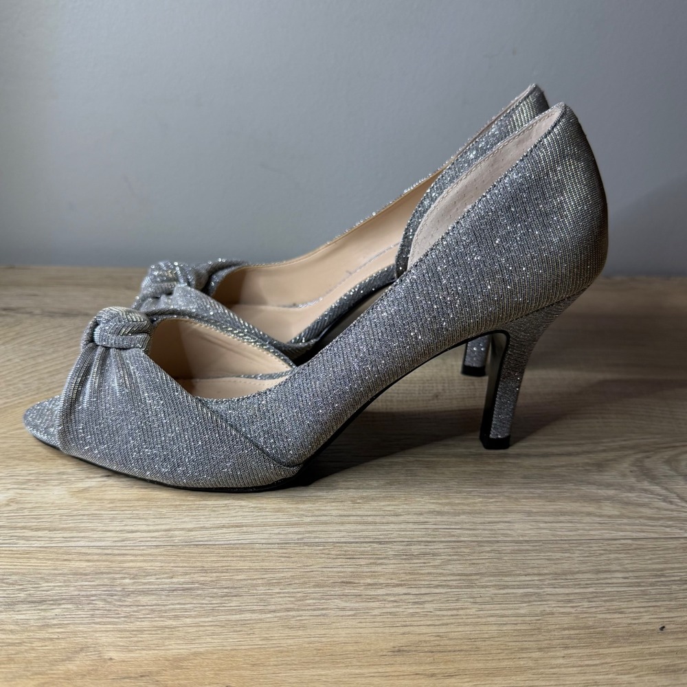 L. Miller Heels Silver Glitter Sparkly Knot Peep Toe Wedding Party Pumps‎ 9.5